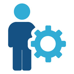 A person standing next to a gear icon on a white background