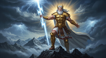 Zeus, king of the gods, stands on a mountain peak wielding a lightning bolt amidst a stormy sky.