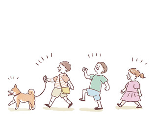 一匹の芝犬を散歩させる小さい男の子と女の子、歩く小さい子供三人と犬