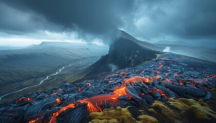 Naklejka premium Breathtaking volcanic landscape featuring glowing lava rivers illuminating the night sky vividly