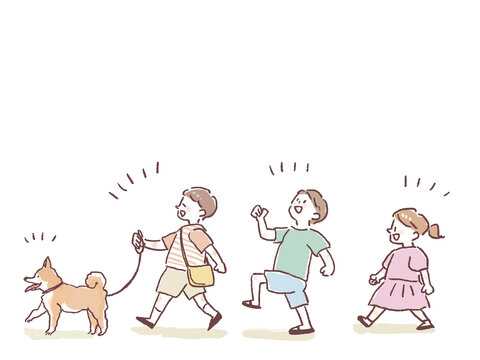 一匹の芝犬を散歩させる小さい男の子と女の子、歩く小さい子供三人と犬