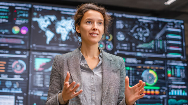 Professional woman presenting front of digital marketing dashboards, showcasing data analytics and global insights. Her confident expression