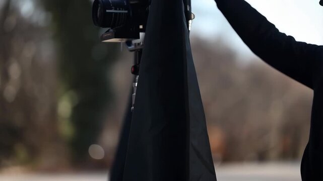 Videographer covering led light with black cloth