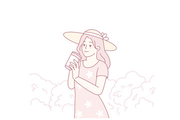 Happy young woman enjoy summer drink cold refreshing drink walking in park. Smiling girl in summertime wear having hydrating cooling juice or cocktail. Refreshment. Vector illustration.