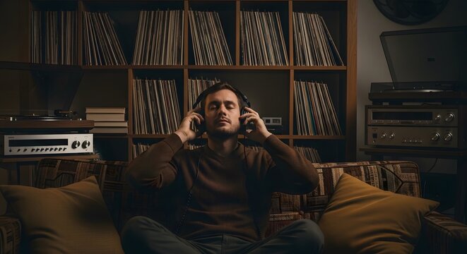 A man with closed eyes sits on a couch, wearing headphones and listening to music, surrounded by a large collection of vinyl records and vintage audio equipment.
