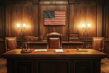 Justice and legal authority are represented in the constitutional law courtroom by the American flag and a mahogany judge's bench