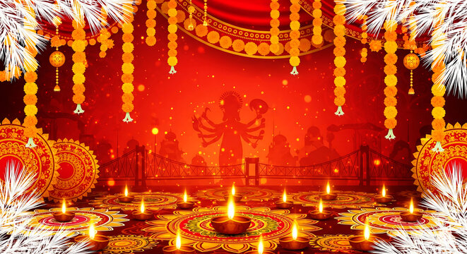Festive Indian Celebration Background with Goddess Durga, Howrah Bridge, Diya Lamps, and Rangoli Designs