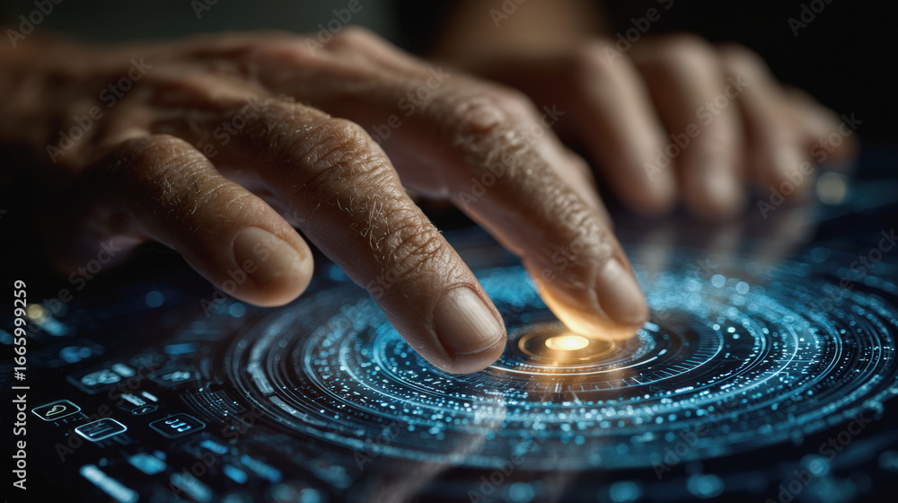 Poster fingers interacting with digital interface, showcasing advanced technology and data visualization, c