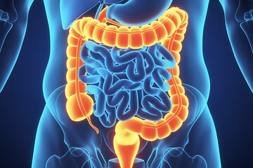 3d medical visualization of the human digestive system including intestines colon stomach and rectum anatomy for healthcare education and research purposes
