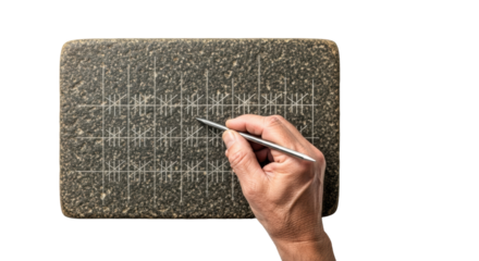 Weathered hand with iron stylus above dark granite ancient counting tablet with etched lines, on transparent, diffused light, copy space. Concept of ancient record-keeping