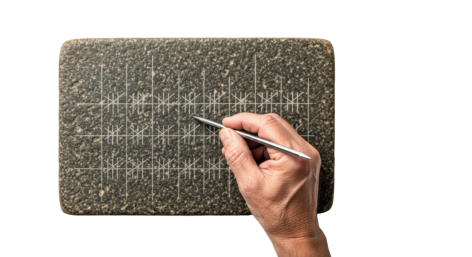 Weathered hand with iron stylus above dark granite ancient counting tablet with etched lines, on transparent, diffused light, copy space. Concept of ancient record-keeping