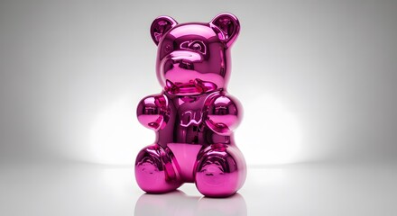 Shiny pink teddy bear figurine, highly polished, sitting on white background.