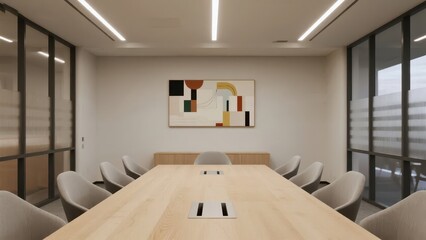 A modern and simple - styled conference room. A light - colored long table paired with gray chairs, and an artistic painting decorated on the wall, creating a professional and neat office communicatio