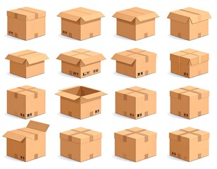 Isometric illustration of various cardboard boxes in different states of being open or closed