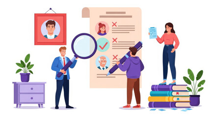 Recruiting team reviewing candidate resumes and profiles, with one person holding a magnifying glass and another marking a checklist, illustrating the process of selecting a new employee