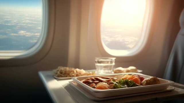Airplane meal served with window view