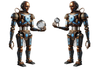 Intricate clockwork automatons, tarnished brass & polished copper, glowing blue runes, visible mechanisms, one with crystal, other hand extended, white studio background, forgotten technology,