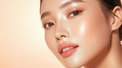 Young asian woman with natural skin isolated on a beige background