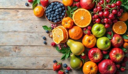 Top view of fresh organic fruits arranged neatly on rustic wooden table, natural light, clean minimal background