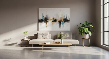 A modern living room featuring a minimalist sofa, coffee table, and abstract art above, bathed in natural light from a large window.