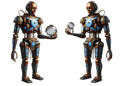 Intricate clockwork automatons, tarnished brass & polished copper, glowing blue runes, visible mechanisms, one with crystal, other hand extended, white studio background, forgotten technology,