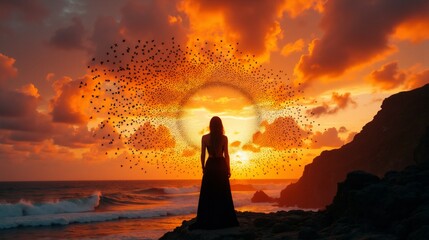Serene woman silhouette watching a bird murmuration at a vibrant ocean sunset.