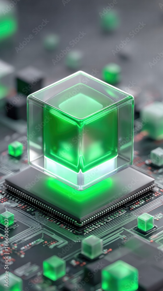 Poster green data cube with glowing light over circuit board, a high-tech digital rendering.