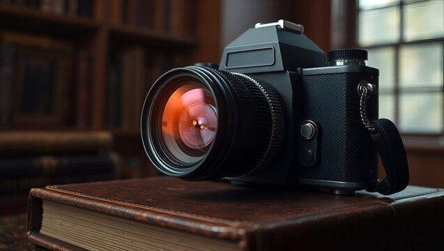 A dark colored vintage or retro camera with a protruding lens is placed on top of an old leather-bound book.