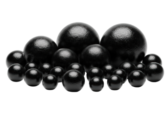 Still life of opaque, dull obsidian black spheres of varying sizes absorbing light, meticulously arranged on a transparent background with subtle shadows, concept of ancient mystery