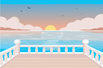 A serene dock overlooking a calm sea at sunset on a warm day
