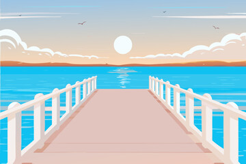 A serene dock on a calm sea at sunset with clouds and birds