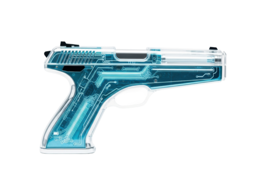 A sleek, futuristic conceptual pistol of translucent cyan acrylic with glowing holographic circuits, on a transparent background with copy space. Concept of advanced non-lethal technology