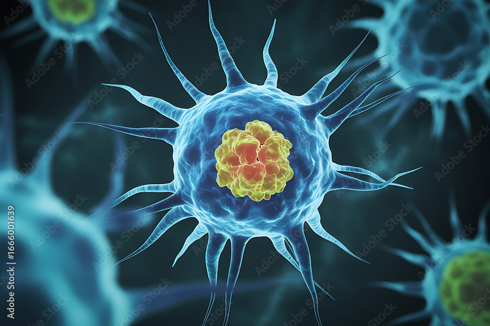 Aufkleber 3d visualization of a cancer cell structure with nucleus and spiky extensions showing medical micros
