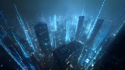 Aerial view of a futuristic city with digital streams and glowing buildings in a blue color scheme