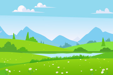 Obraz premium a serene landscape with rolling hills and mountains under a blue sky