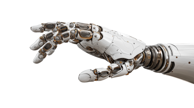 Photograph of an AI robot woman,cute robot,robot hands against a white background, in profile view.  