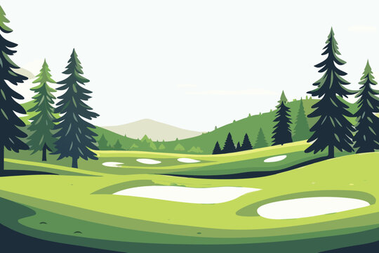 A serene golf course surrounded by pine trees and rolling hills landscape