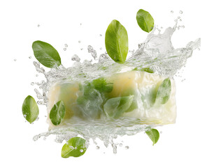 Water splashing on a white background with green leaves, product photography for a face cream  and soap. background with water droplets and leaf patterns around.