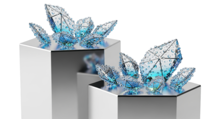 Two sleek silver hexagonal podiums, iridescent crystal shards with dewdrops on top, transparent studio, precise photorealistic product photography, sophisticated futuristic display concept