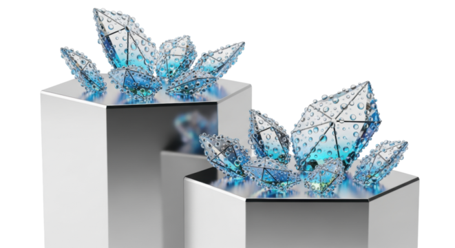 Two sleek silver hexagonal podiums, iridescent crystal shards with dewdrops on top, transparent studio, precise photorealistic product photography, sophisticated futuristic display concept