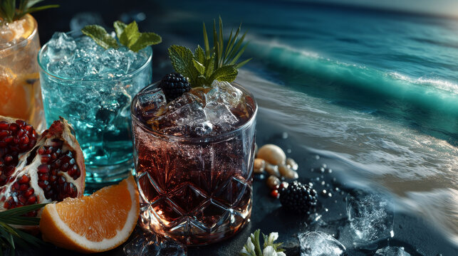 Poster invitation for summer party. Top view on summer decoration with fresh cocktails and tropical fruit on beach sand. Vector illustration. Invite to nightclub. - Powered by Adobe