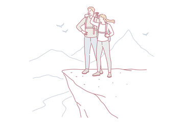 Obraz premium Trip, adventure and summer vacations concept. Young happy couple cartoon characters standing with backpacks looking at scenery view from mountain top peak feeling freedom vector illustration