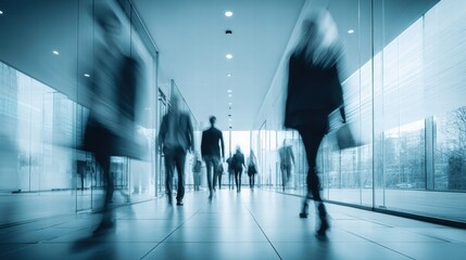 Blurred figures walk in a modern hallway, capturing a sense of motion and transit through a well-lit space.