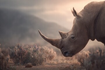 Fototapeta premium Realistic portrayal of a rhinoceros in its natural habitat during World Wildlife Day highlighting the conservation of endangered species