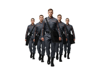 Five stoic young adults in dark grey uniforms with orange piping & black boots march synchronized on a transparent studio background. Concept of precision, uniformity, and collective resolve