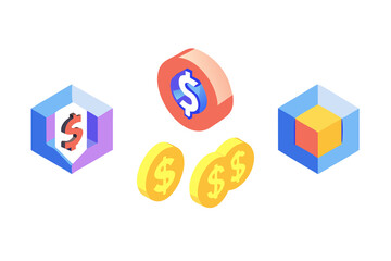 Digital currency and cryptocurrency assets with dollar symbols in isometric 3d illustration