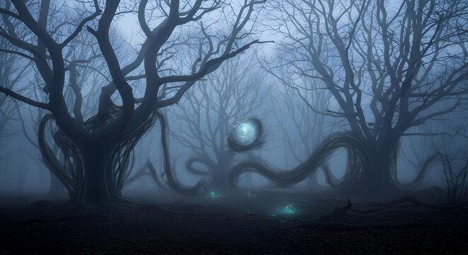 Eerie Forest Landscape Featuring Bare Trees, Fog, and Floating Orbs of Light Creating a Mystical and Atmospheric Ambiance