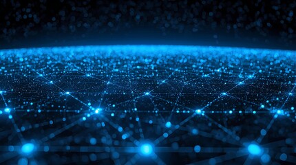 Futuristic digital technology background with a glowing blue grid of interconnected nodes stretching into an infinite horizon for network and data concepts