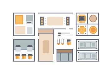 Flat design illustration of various objects and elements on a black background