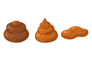 Three cartoon brown piles of feces or poop with different shapes and textures